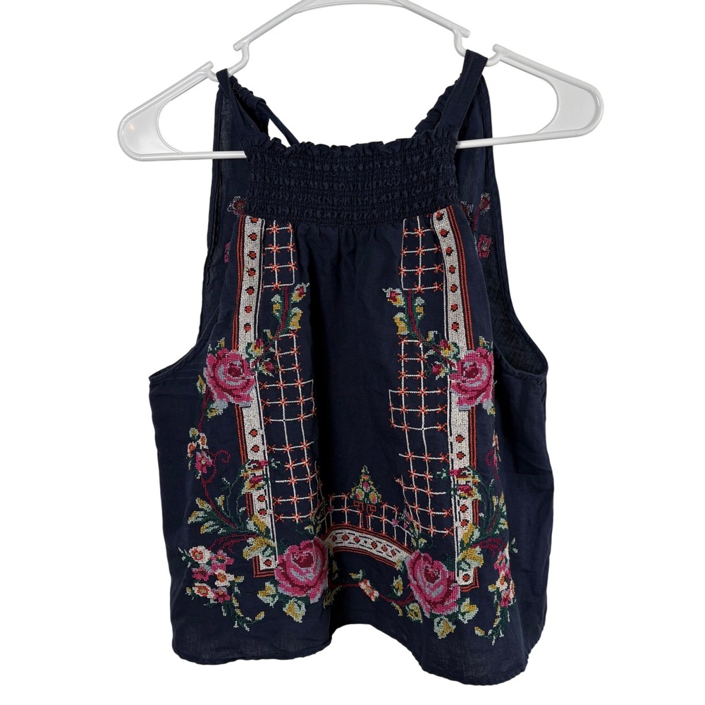Free People Tank Top M Blue Linen Cotton Embroidered Cross Stitch Boho Festival